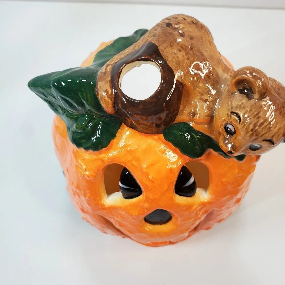 1988 Brinn's Halloween Jack O Lantern w/ Bear Ceramic Tea Light Holder Taiwan